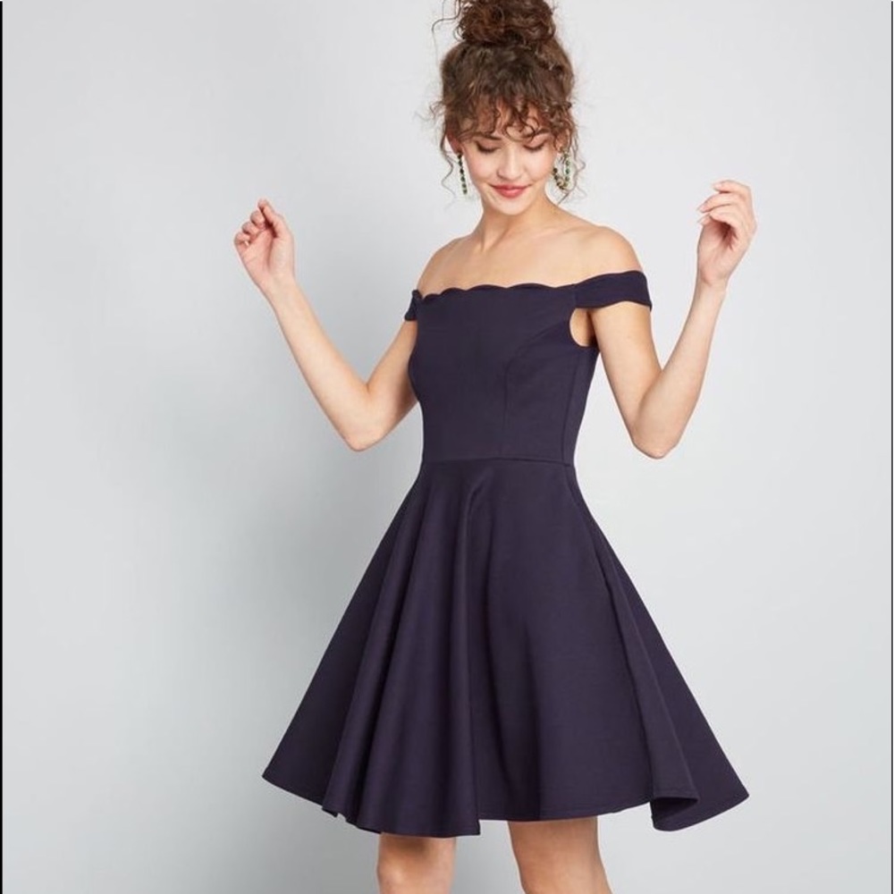 ModCloth Navy Forever Fave Off-Shoulder Fit & Flare Dress